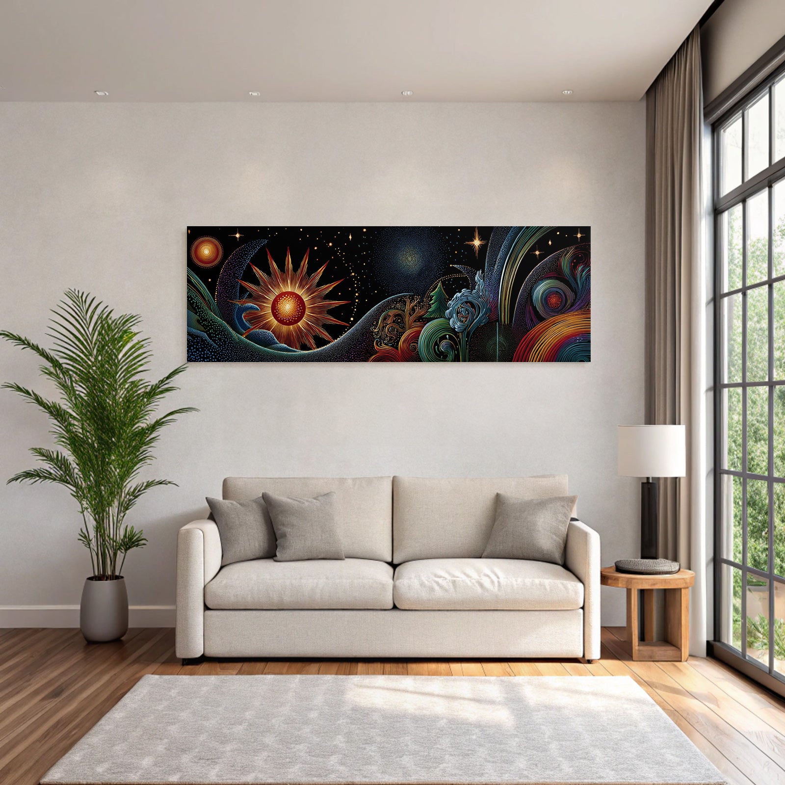 Kosmische Harmonie Von Sonne Planeten Baeumen Und Wellen