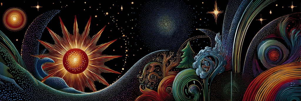 Kosmische Harmonie Von Sonne Planeten Baeumen Und Wellen | Psychedelische Kunst | Stilrichtungen