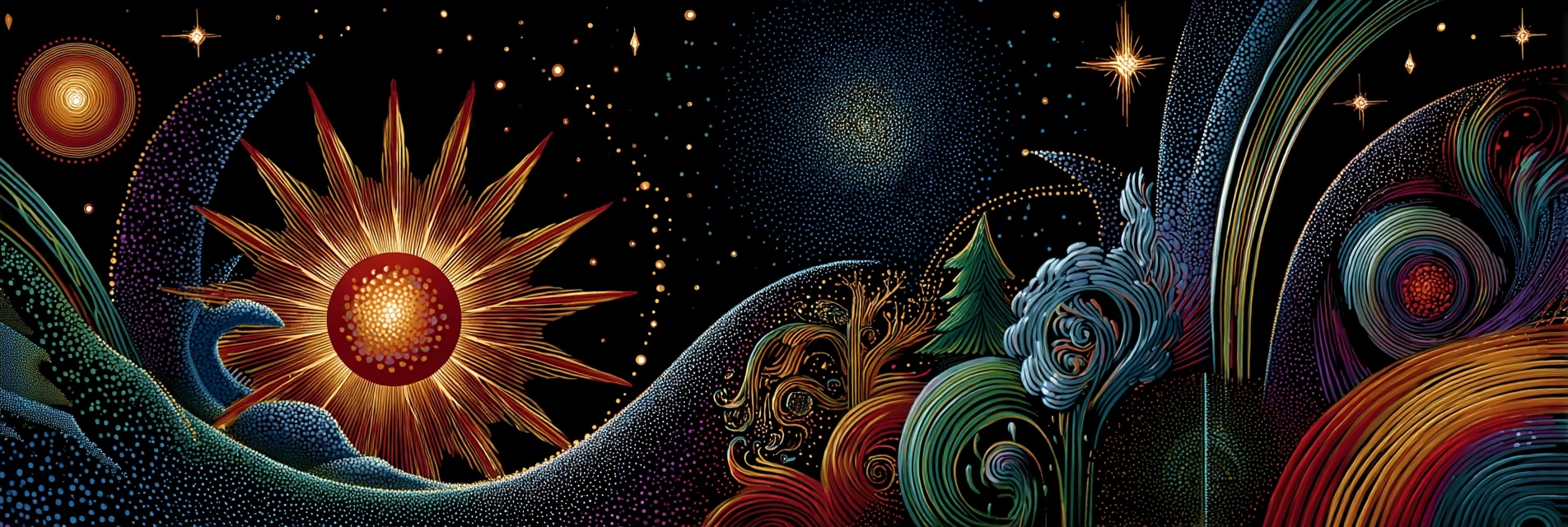 Kosmische Harmonie Von Sonne Planeten Baeumen Und Wellen | Psychedelische Kunst | Stilrichtungen