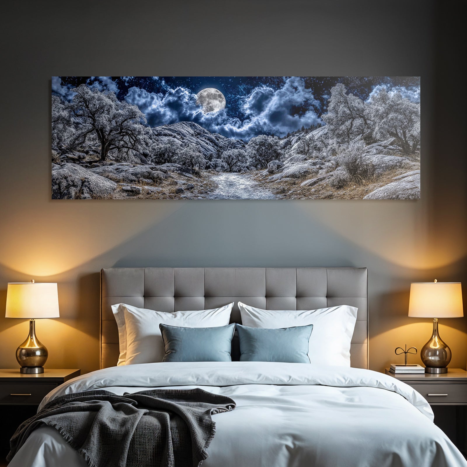 Mondscheinlandschaft Mit Felsen Baeumen Wolken Und Sternen