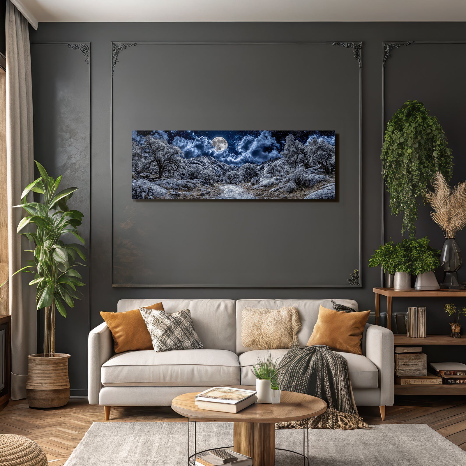 Mondscheinlandschaft Mit Felsen Baeumen Wolken Und Sternen