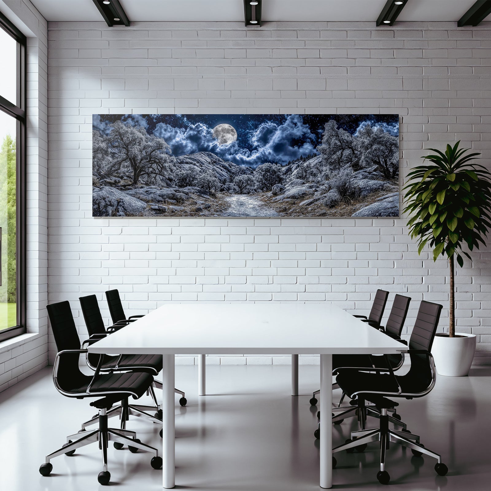 Mondscheinlandschaft Mit Felsen Baeumen Wolken Und Sternen