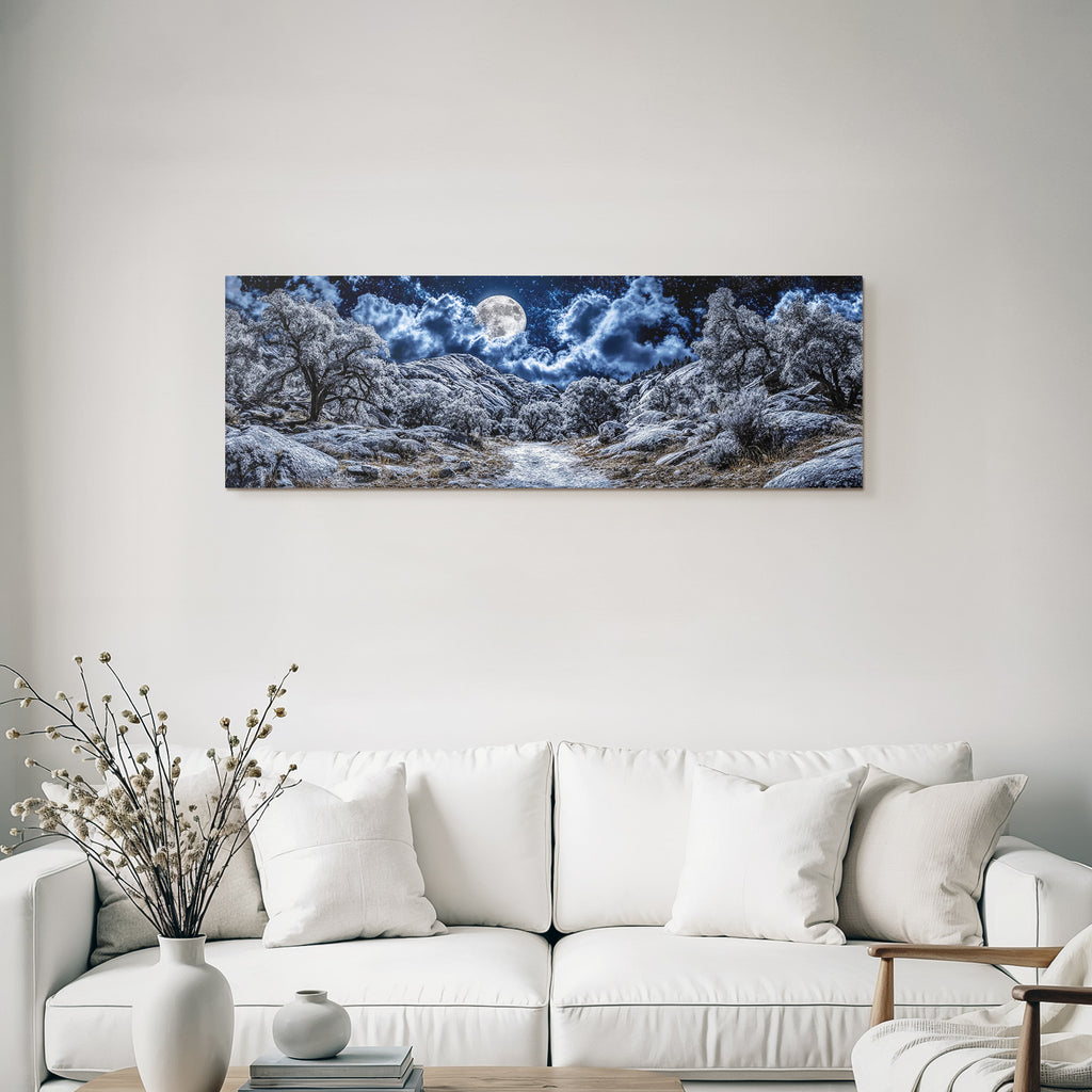 Mondscheinlandschaft Mit Felsen Baeumen Wolken Und Sternen