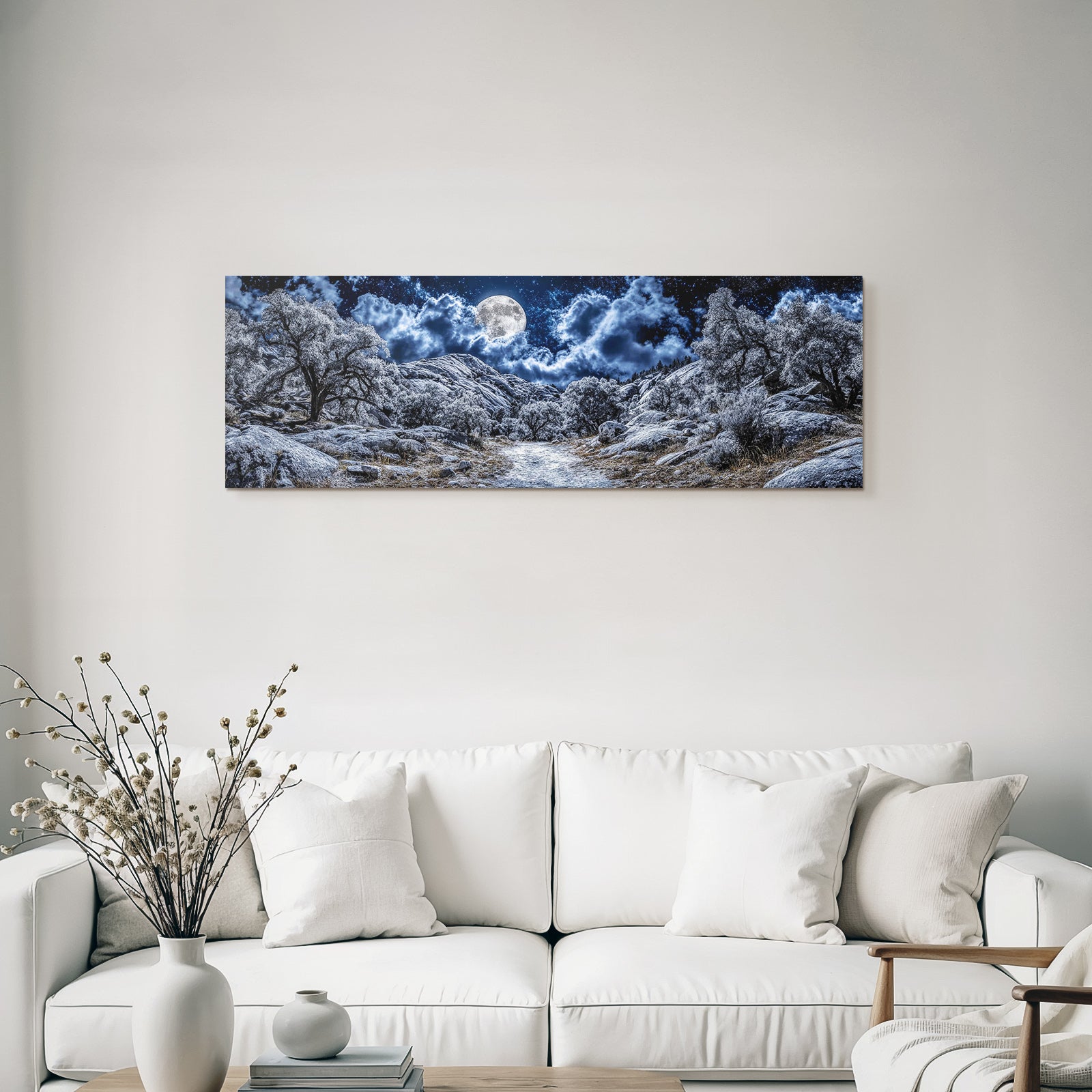Mondscheinlandschaft Mit Felsen Baeumen Wolken Und Sternen