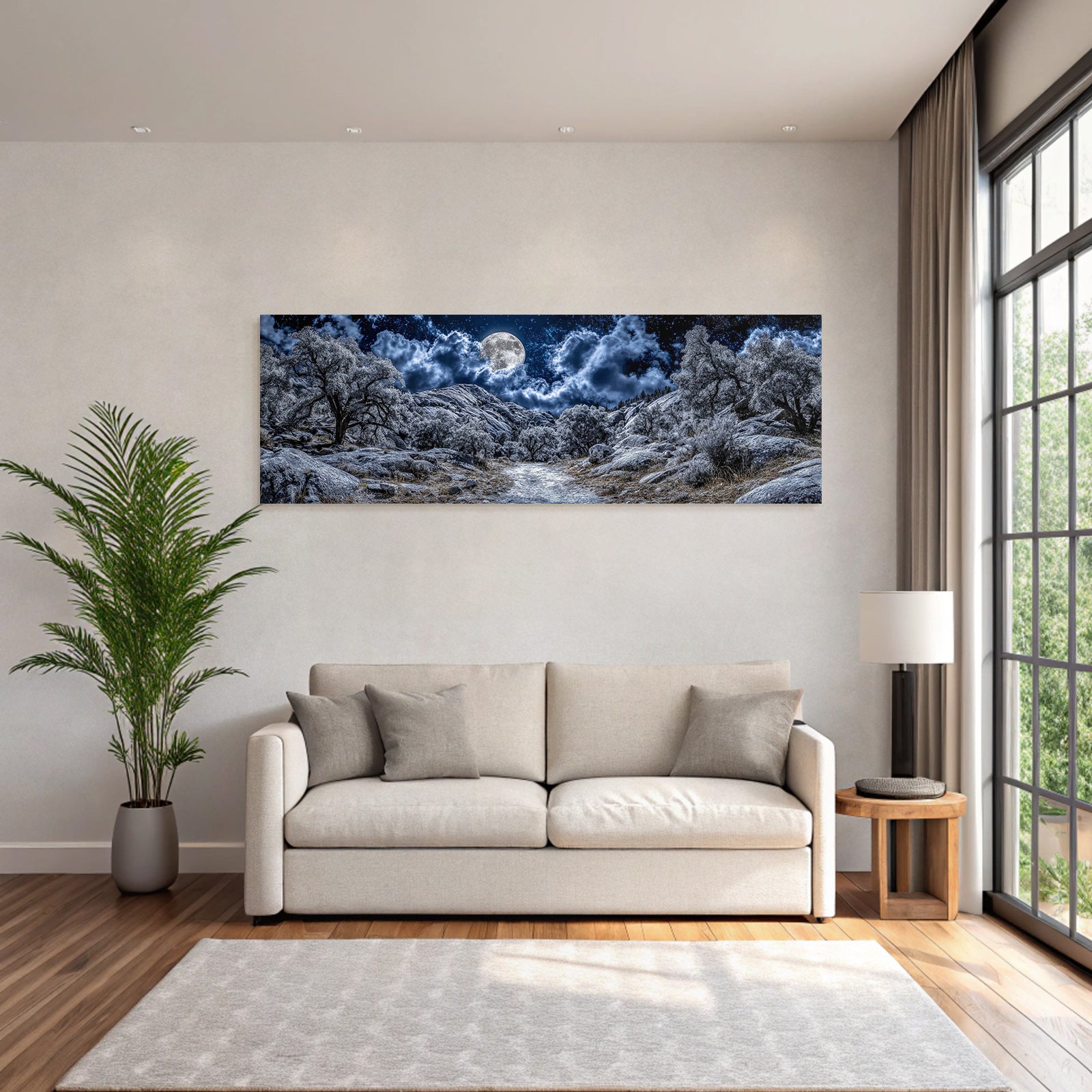 Mondscheinlandschaft Mit Felsen Baeumen Wolken Und Sternen