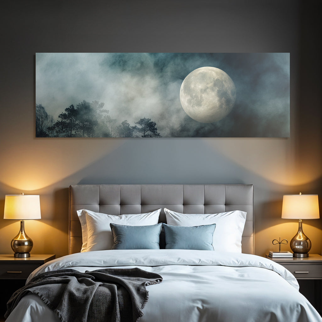 Mystische Nacht Mit Nebligem Mond Und Baum Silhoütten