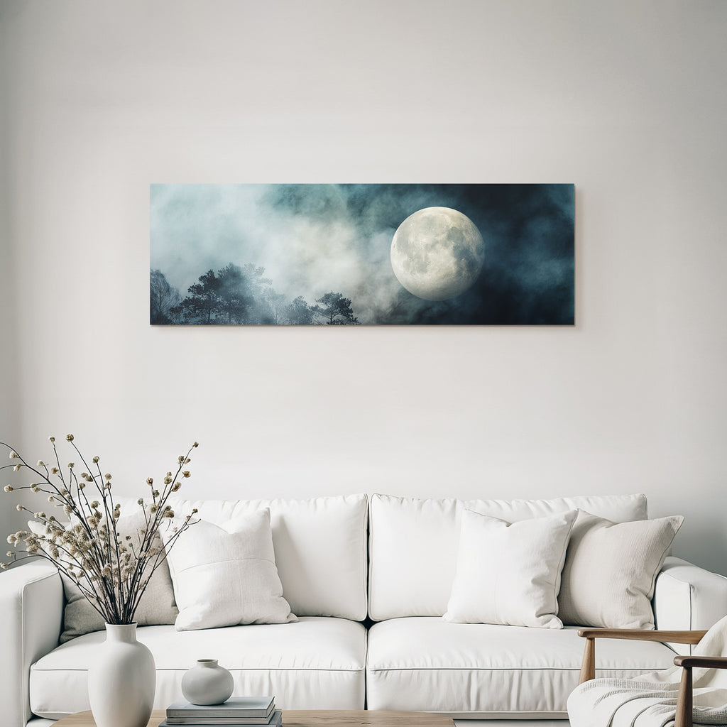 Mystische Nacht Mit Nebligem Mond Und Baum Silhoütten