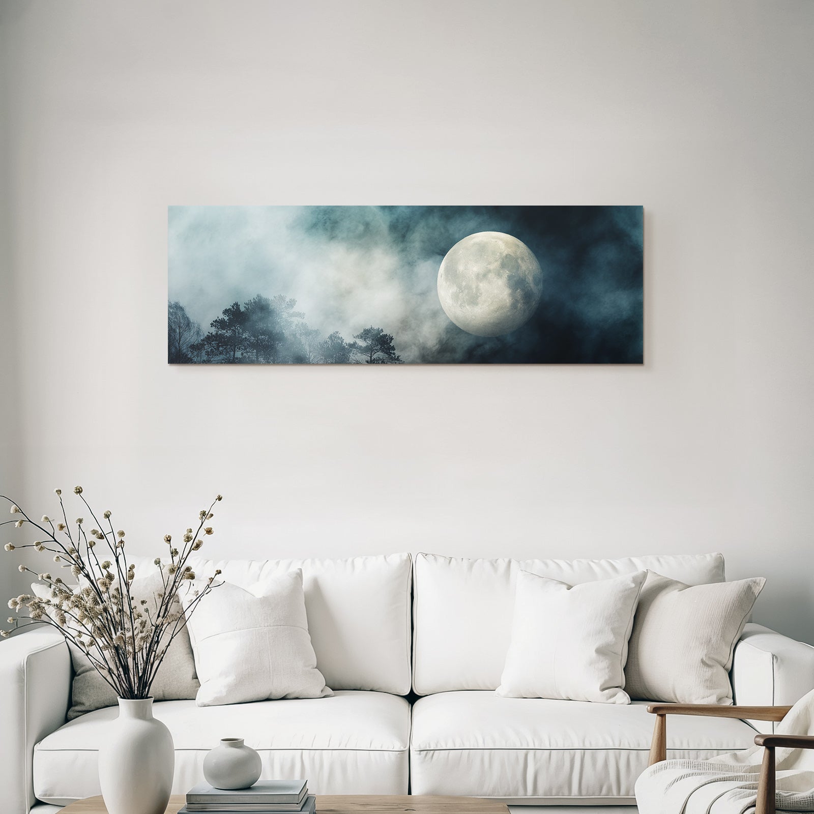 Mystische Nacht Mit Nebligem Mond Und Baum Silhoütten