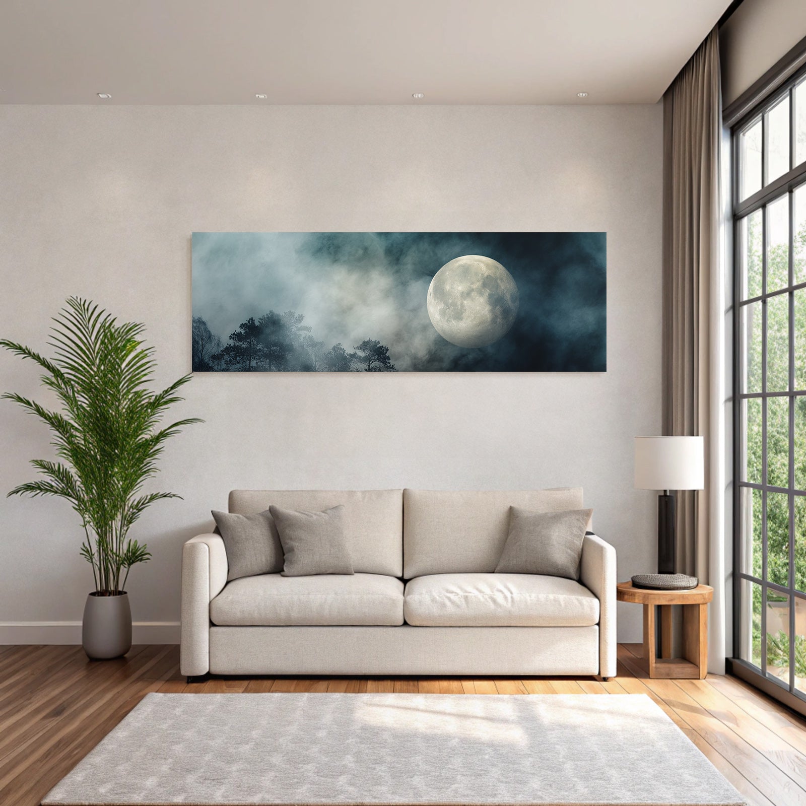 Mystische Nacht Mit Nebligem Mond Und Baum Silhoütten