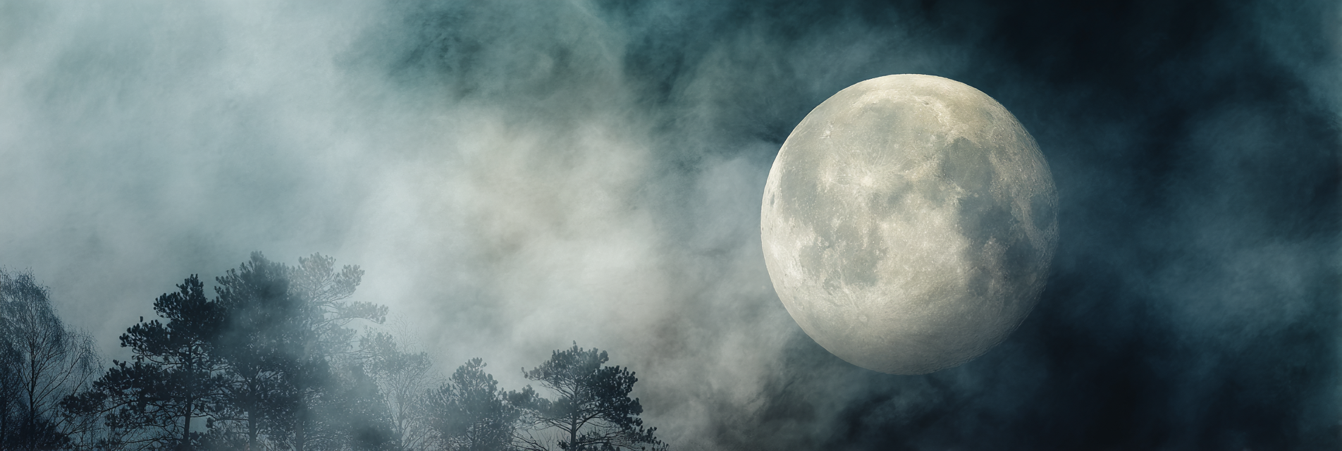 Mystische Nacht Mit Nebligem Mond Und Baum Silhoütten | Psychedelische Kunst | Stilrichtungen