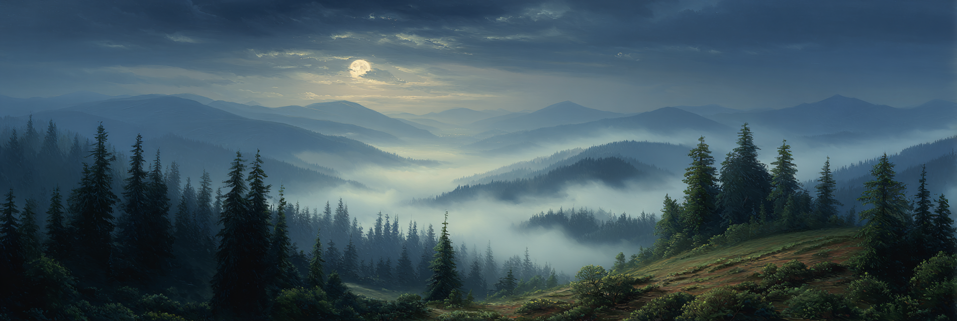 Mystische Nebel Waldlandschaft Unter Mondlicht | Psychedelische Kunst | Stilrichtungen