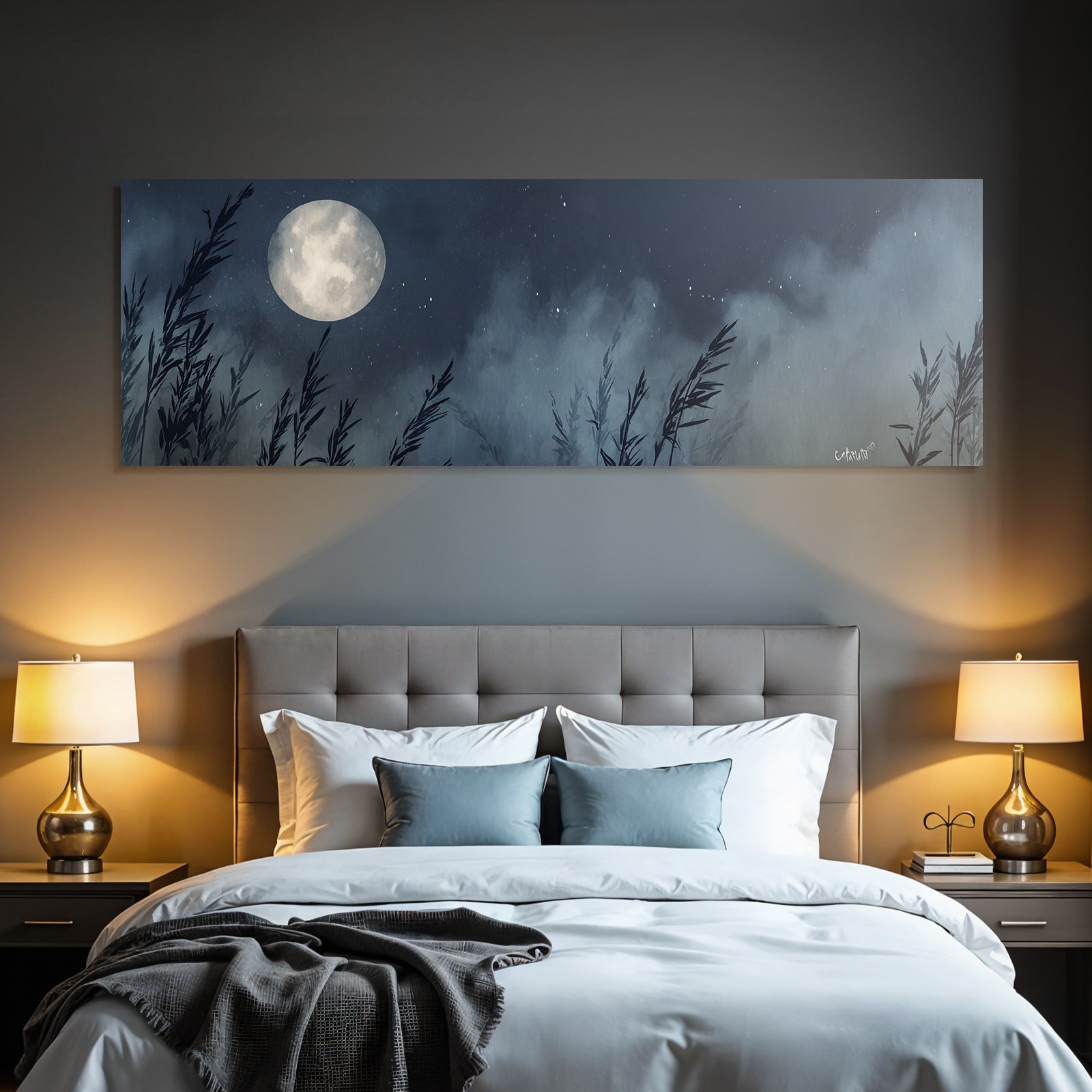 Nachtlandschaft Mit Grossem Mond Und Schilf