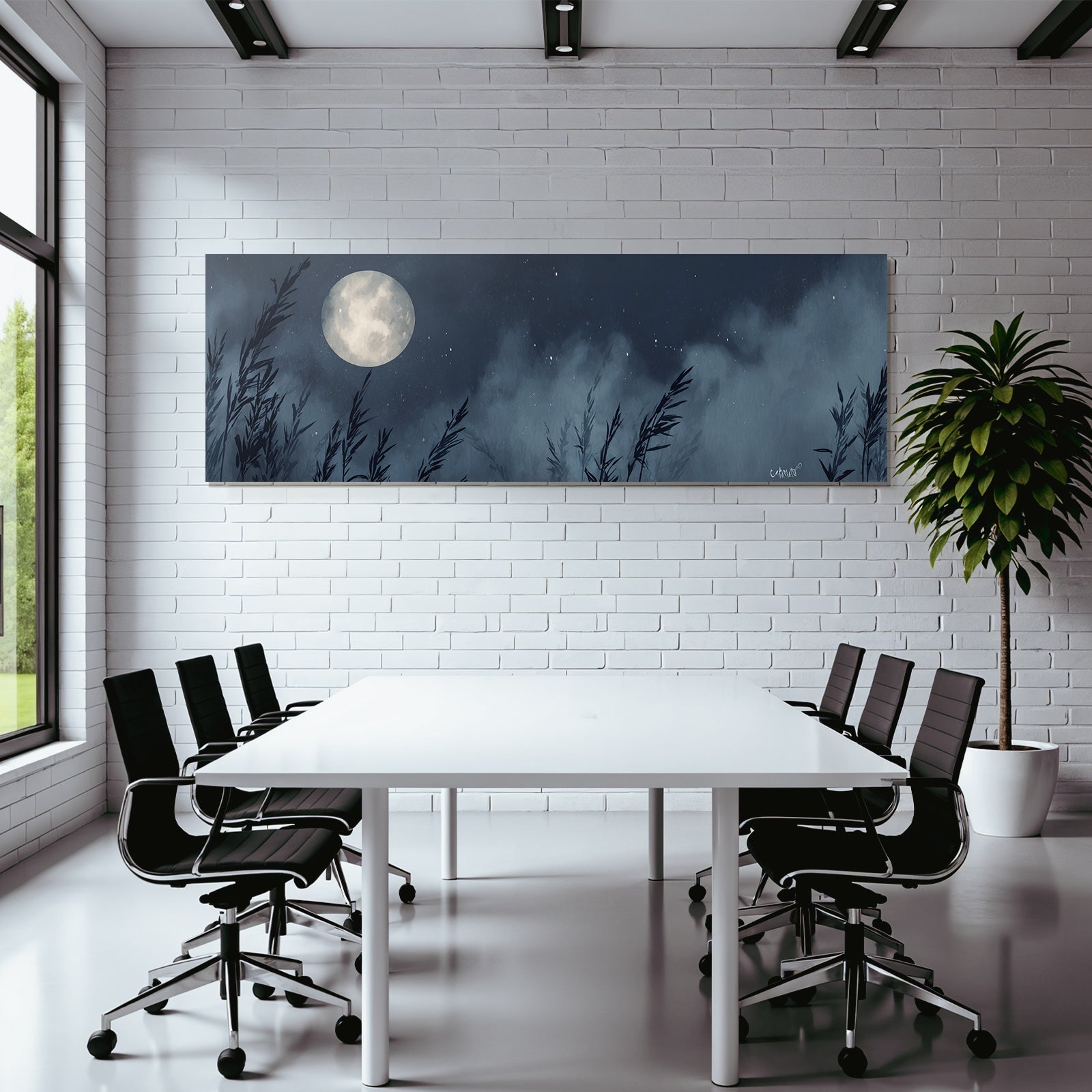 Nachtlandschaft Mit Grossem Mond Und Schilf