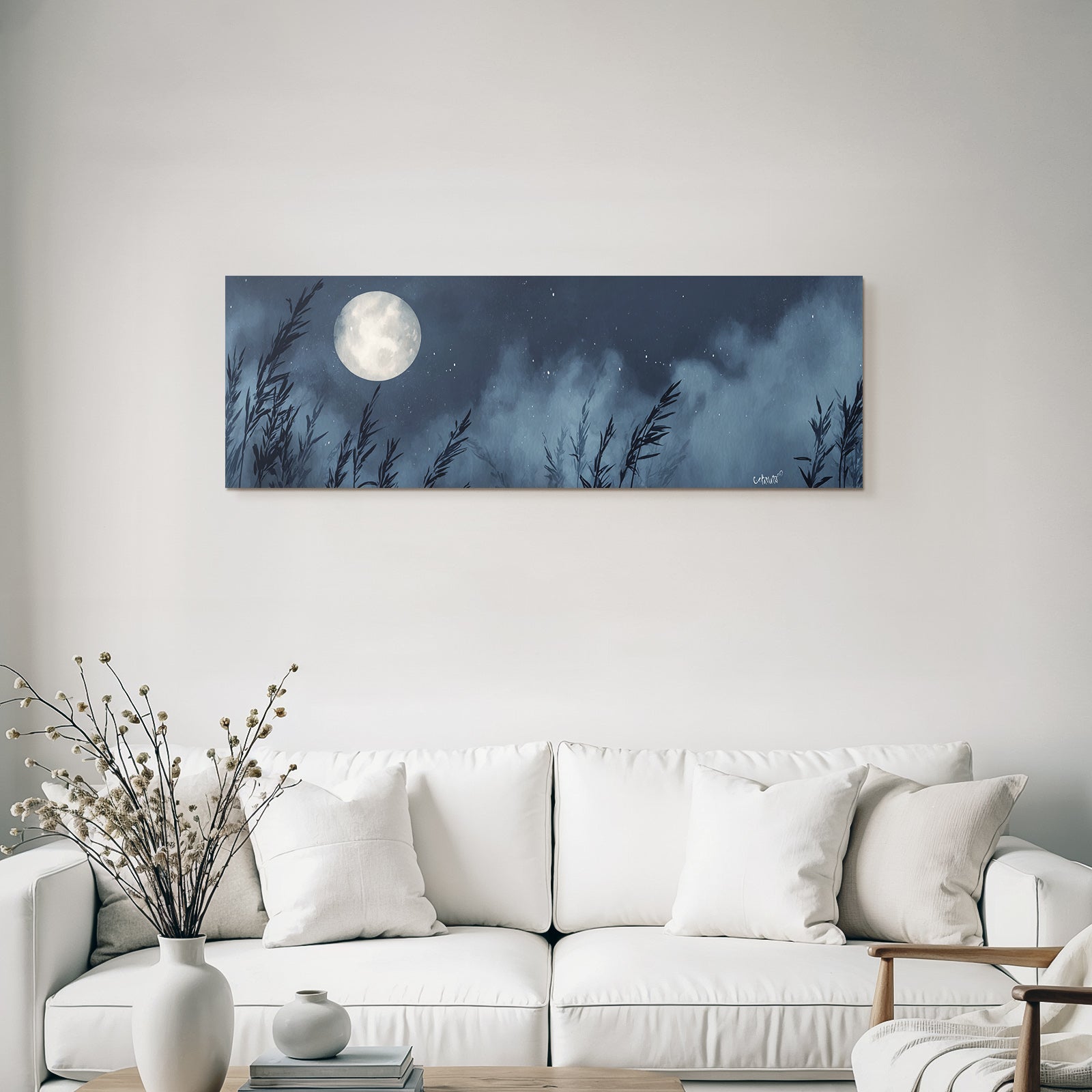 Nachtlandschaft Mit Grossem Mond Und Schilf