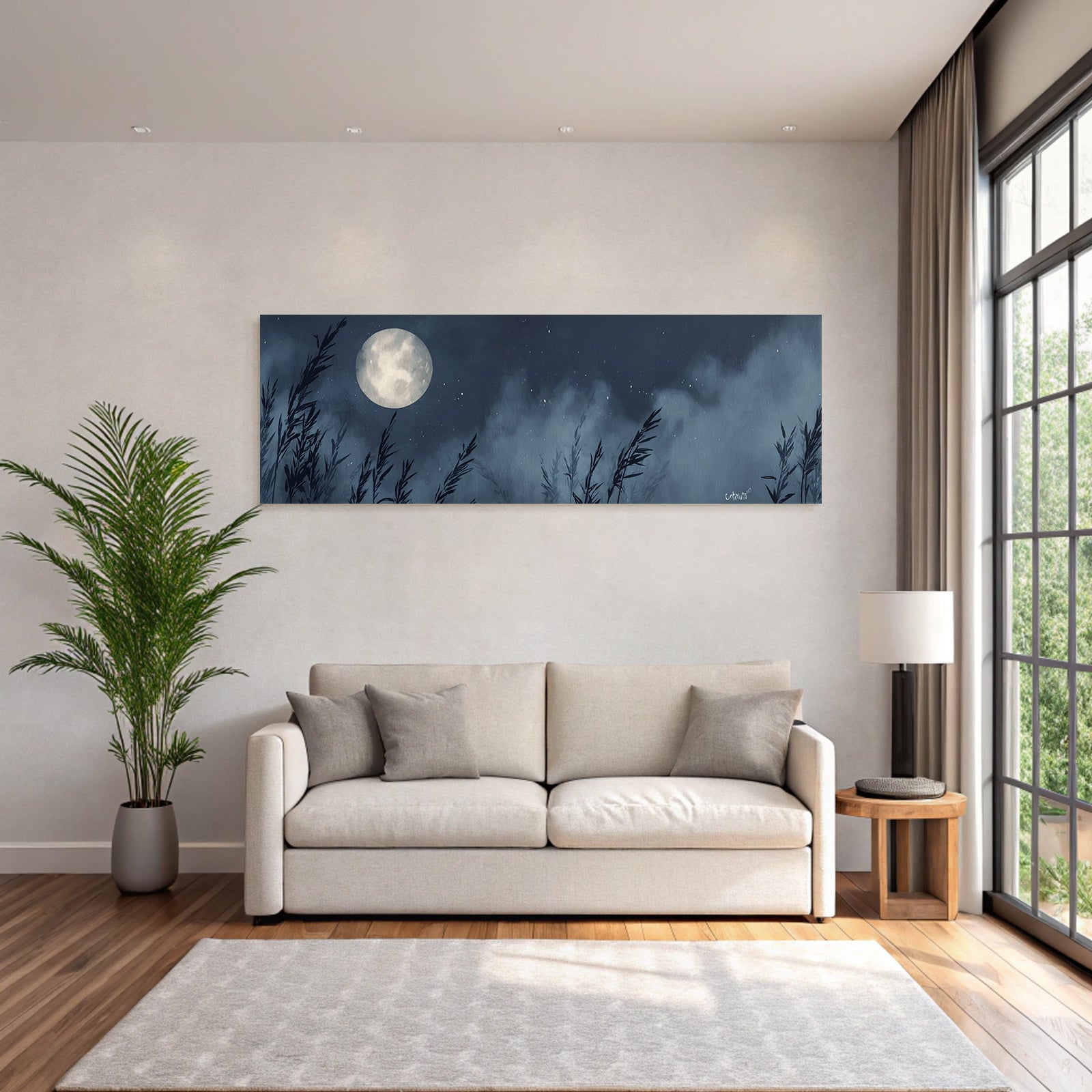 Nachtlandschaft Mit Grossem Mond Und Schilf