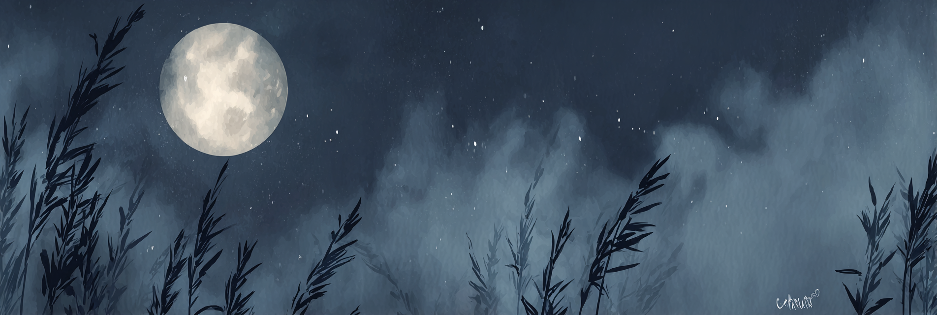 Nachtlandschaft Mit Grossem Mond Und Schilf | Psychedelische Kunst | Stilrichtungen