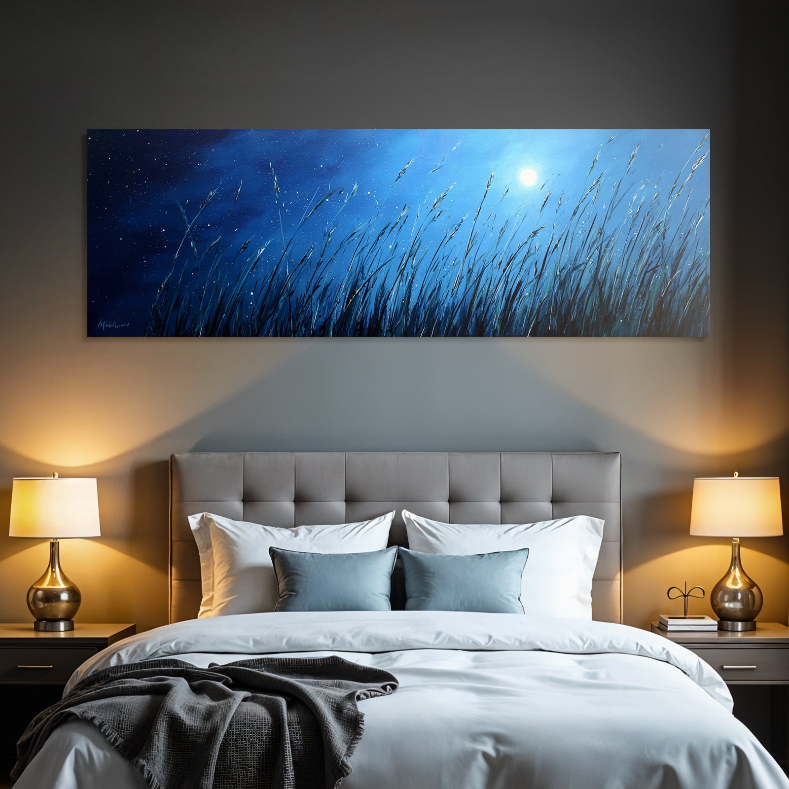 Nächtliche Graslandschaft Mit Vollmond Und Ruhigem Himmel