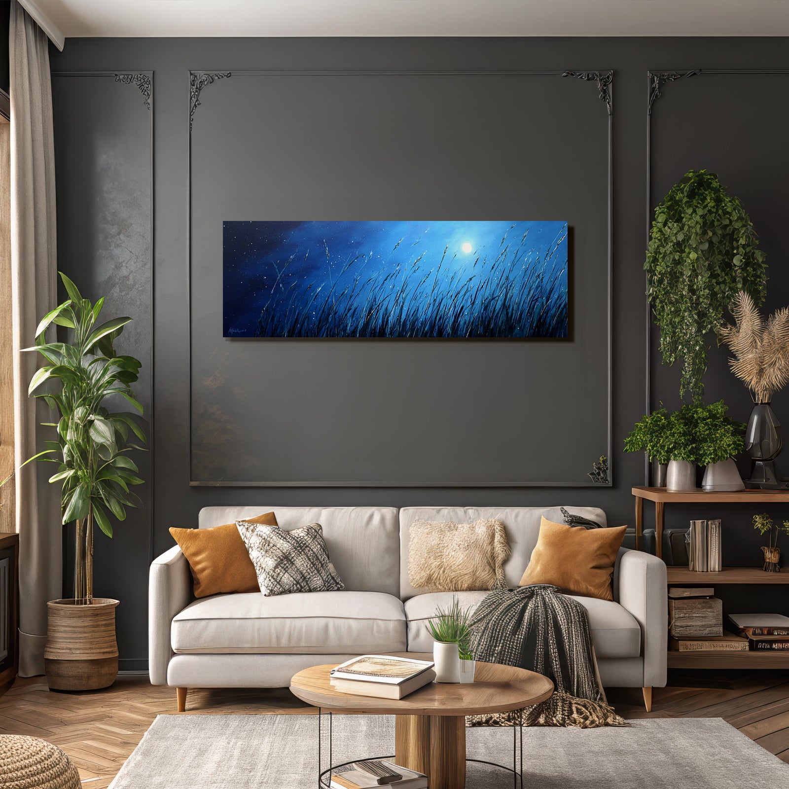 Nächtliche Graslandschaft Mit Vollmond Und Ruhigem Himmel
