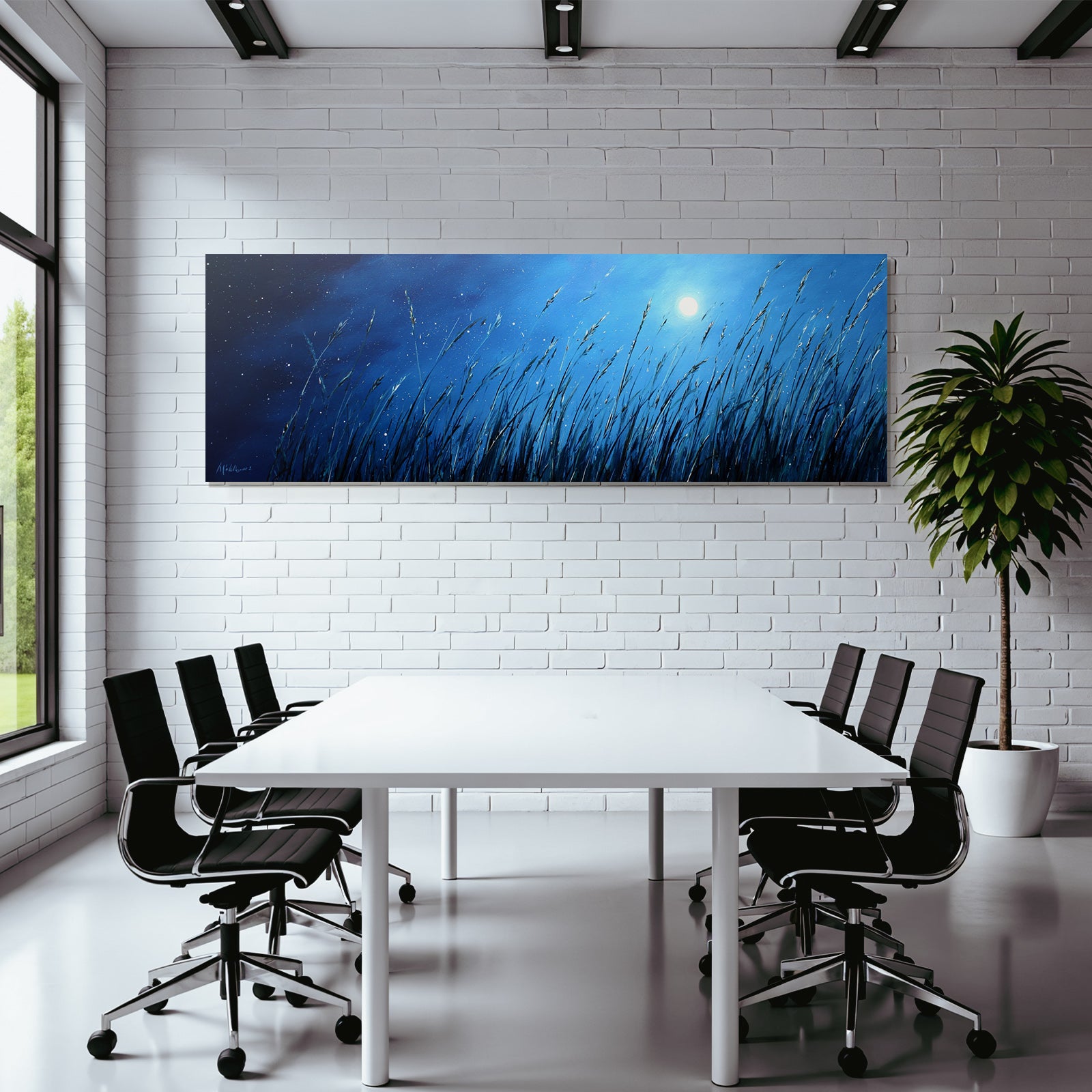 Nächtliche Graslandschaft Mit Vollmond Und Ruhigem Himmel