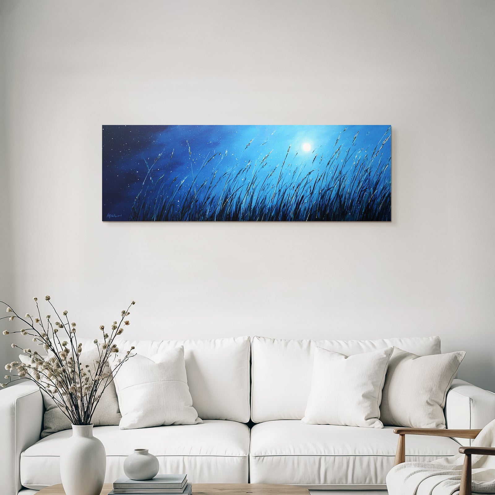 Nächtliche Graslandschaft Mit Vollmond Und Ruhigem Himmel