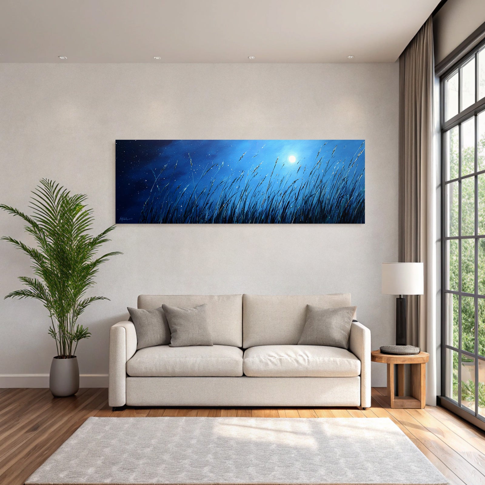 Nächtliche Graslandschaft Mit Vollmond Und Ruhigem Himmel