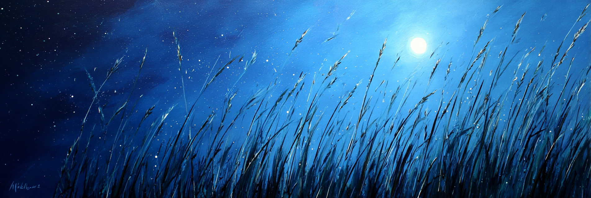 Nächtliche Graslandschaft Mit Vollmond Und Ruhigem Himmel | Psychedelische Kunst | Stilrichtungen