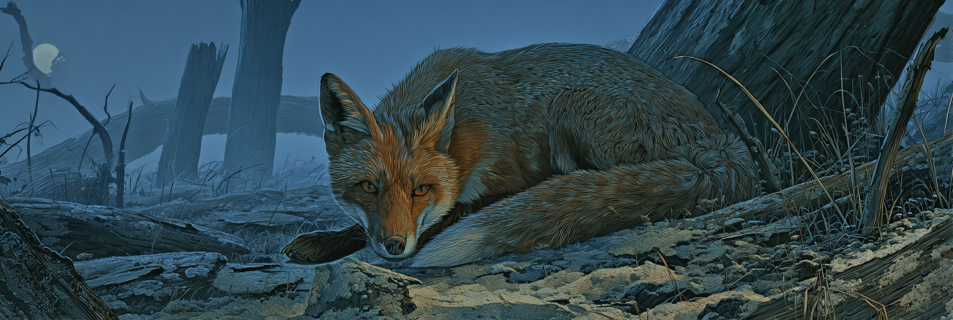 Rotfuchs Liegt Im Nebelwald Bei Mondschein | Psychedelische Kunst | Stilrichtungen