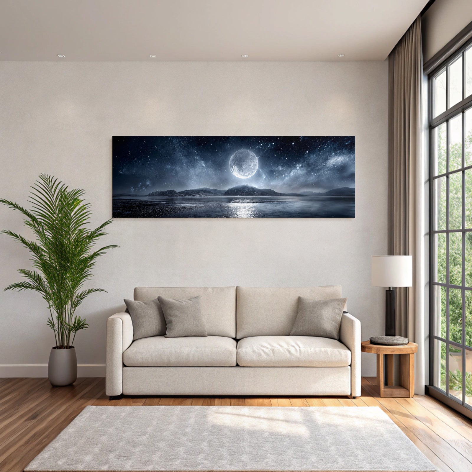 Ruhige Nachtlandschaft Mit Vollmond Und Reflexion Im Wasser