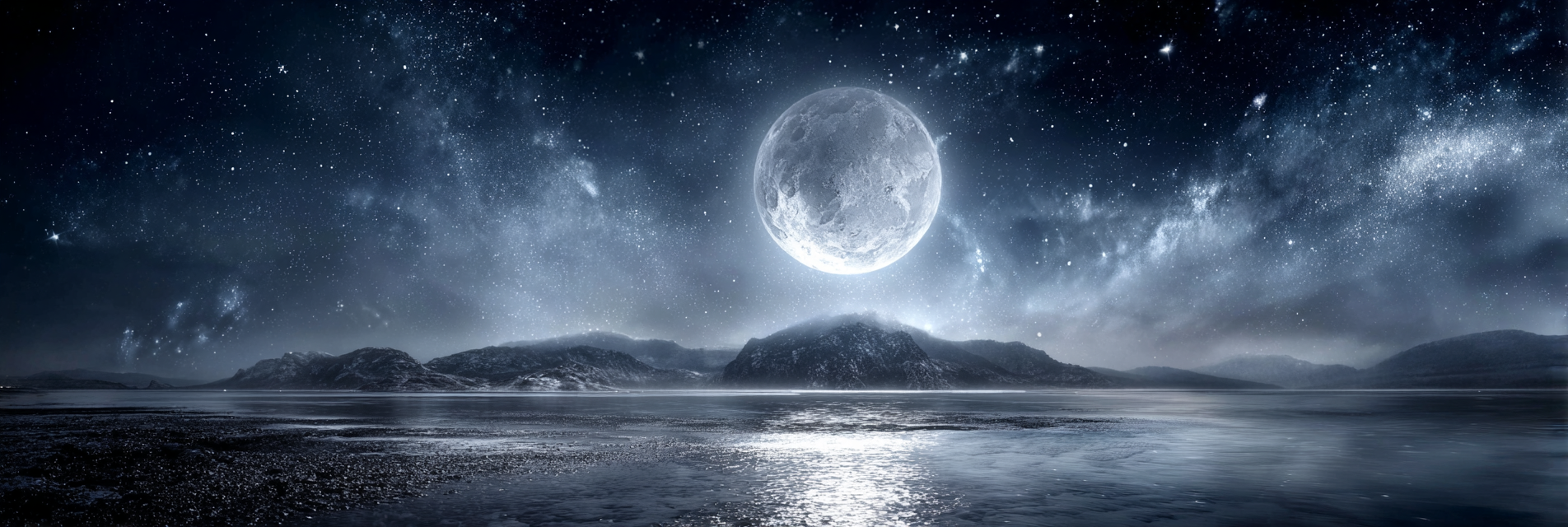 Ruhige Nachtlandschaft Mit Vollmond Und Reflexion Im Wasser | Psychedelische Kunst | Stilrichtungen