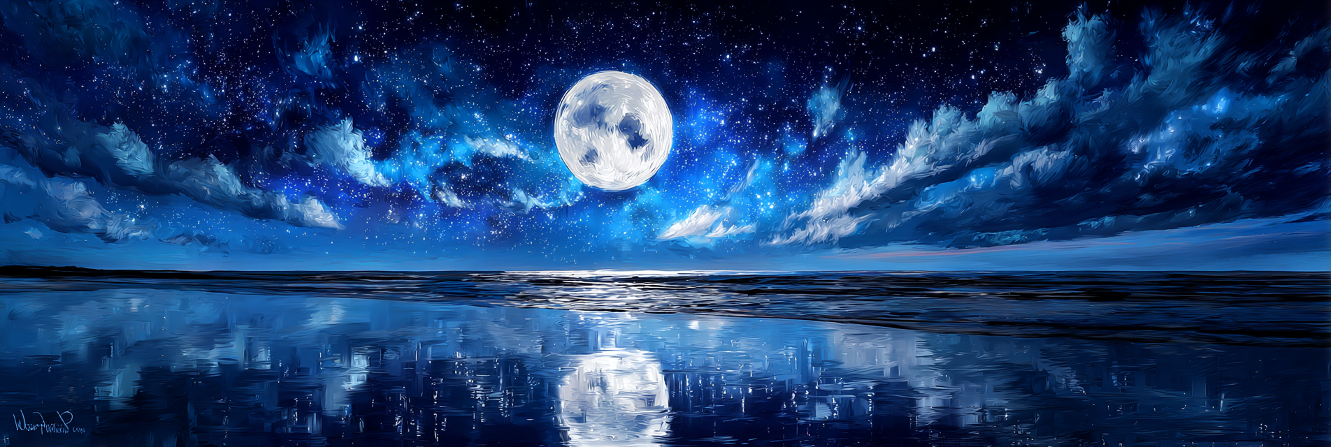 Sanfter Mondlicht Reflektiert Auf Stillem Ozean | Psychedelische Kunst | Stilrichtungen