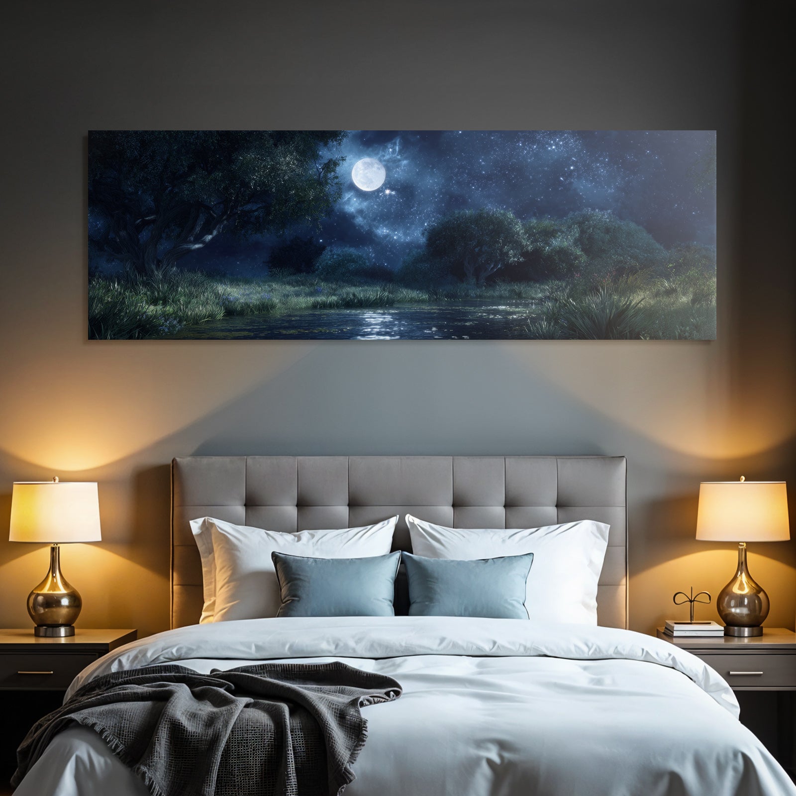 Stille Nachtlandschaft Mit Vollmond Und Ruhigem Wasser