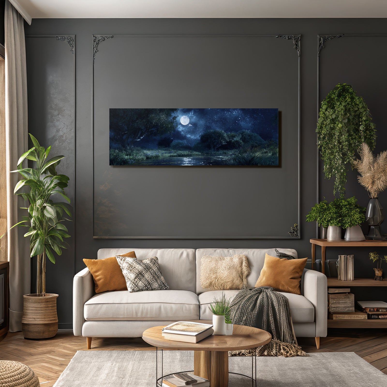 Stille Nachtlandschaft Mit Vollmond Und Ruhigem Wasser