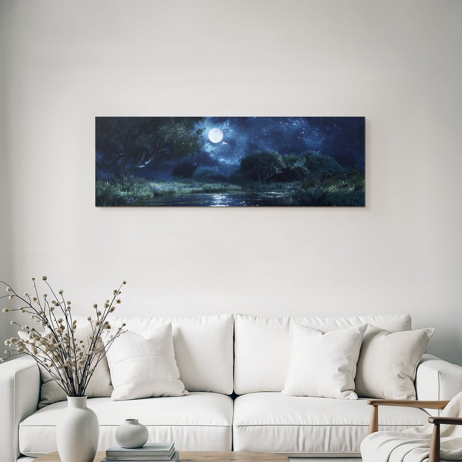 Stille Nachtlandschaft Mit Vollmond Und Ruhigem Wasser