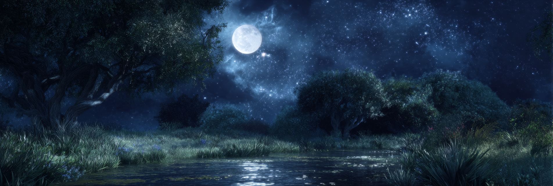 Stille Nachtlandschaft Mit Vollmond Und Ruhigem Wasser | Psychedelische Kunst | Stilrichtungen