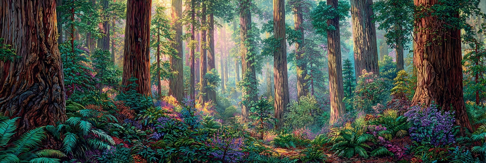 Waldszene Mit Sanftem Licht Und Blumenpracht | Psychedelische Kunst | Stilrichtungen