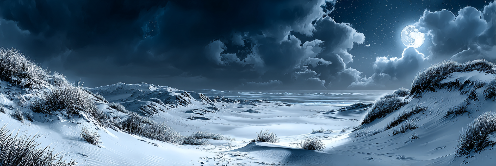 Winterdünen Mit Gras Im Mondschein | Psychedelische Kunst | Stilrichtungen