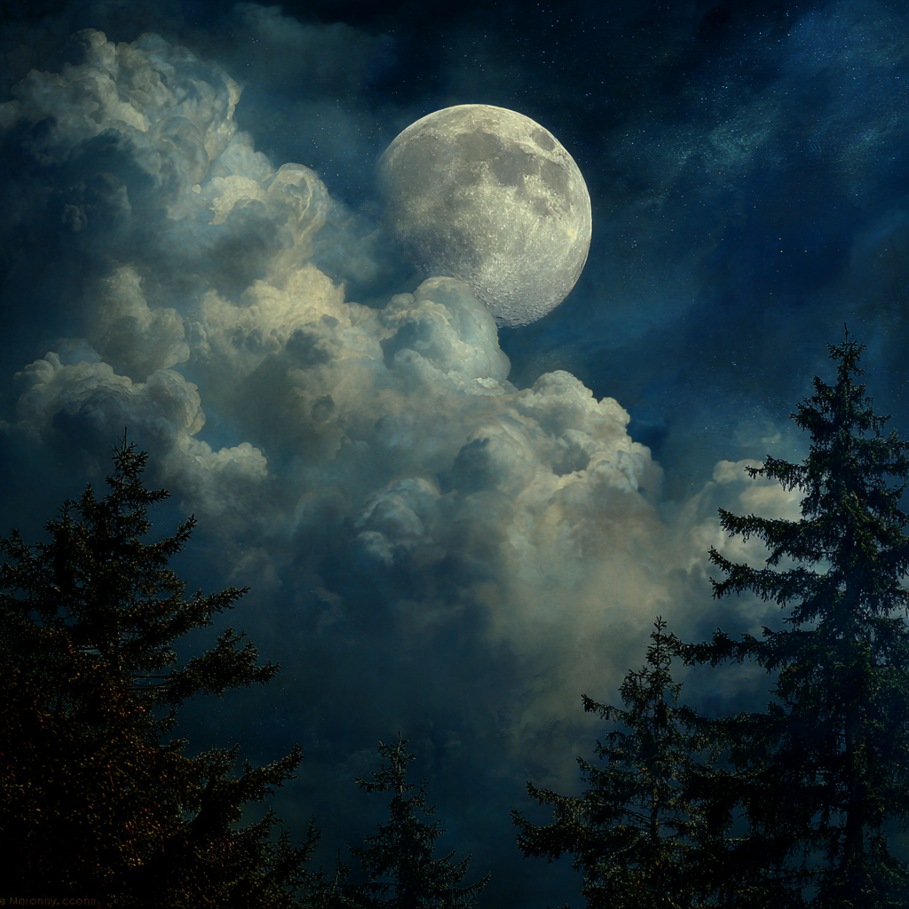Friedliche Nachtlandschaft Mit Grossem Mond Und Baeumensilhoütten | Psychedelische Kunst | Stilrichtungen