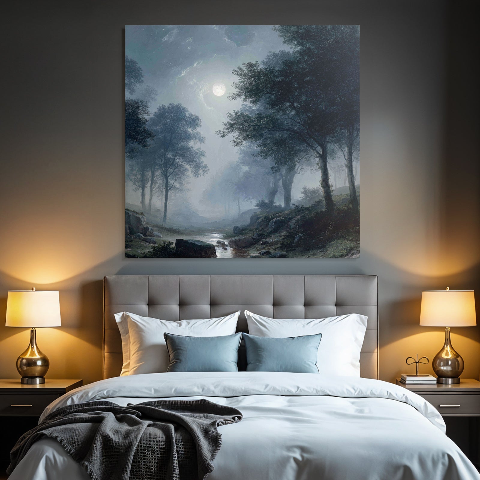 Friedliche Nachtlandschaft Mit Vollmond Und Nebelwald