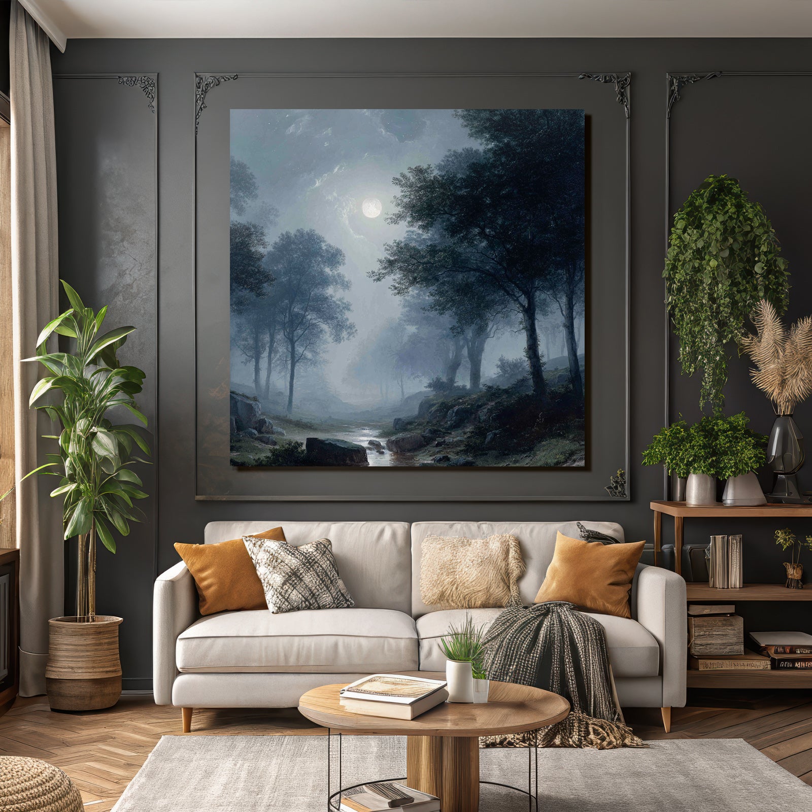 Friedliche Nachtlandschaft Mit Vollmond Und Nebelwald