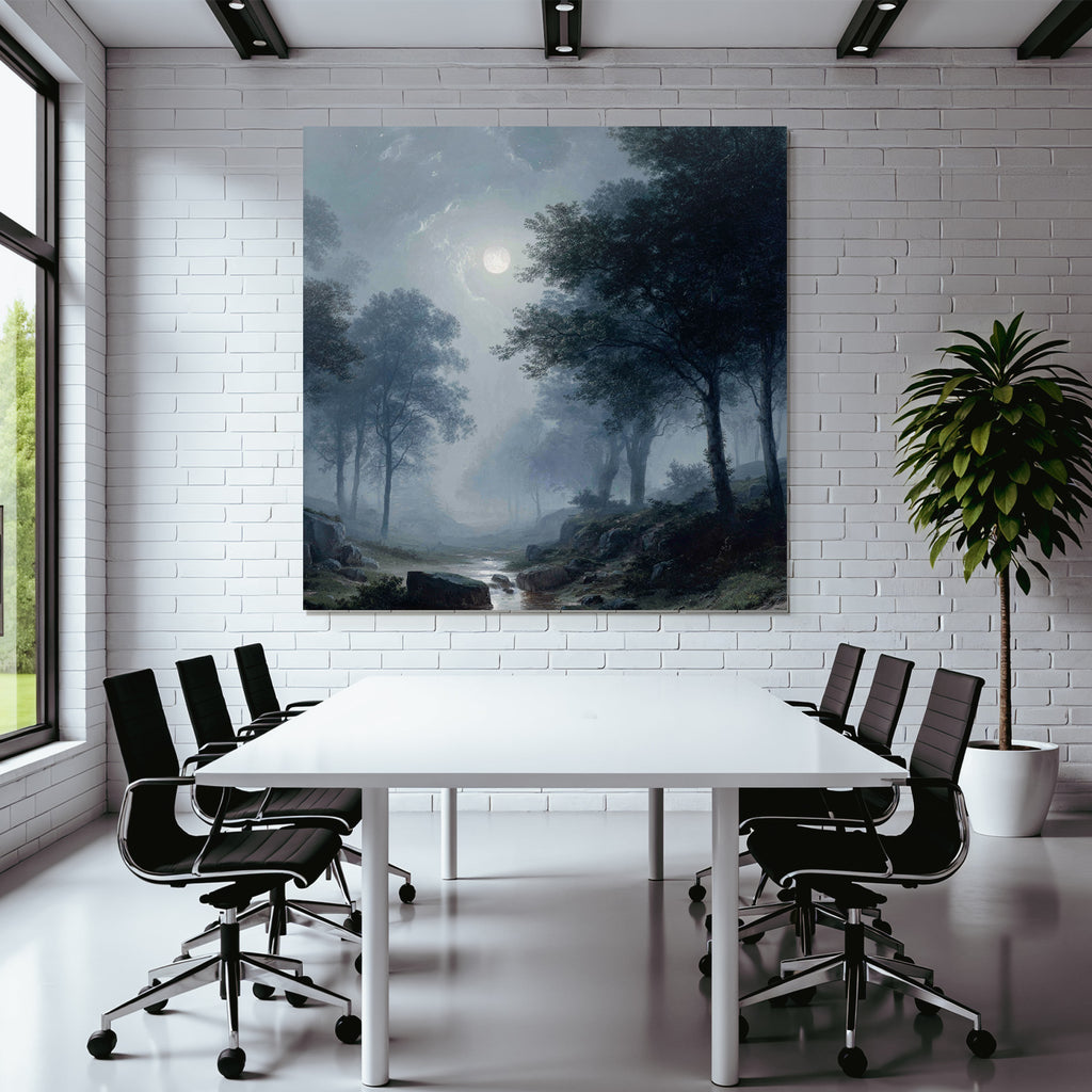 Friedliche Nachtlandschaft Mit Vollmond Und Nebelwald