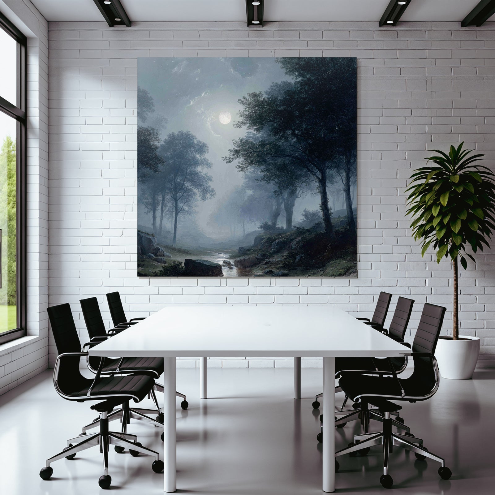 Friedliche Nachtlandschaft Mit Vollmond Und Nebelwald