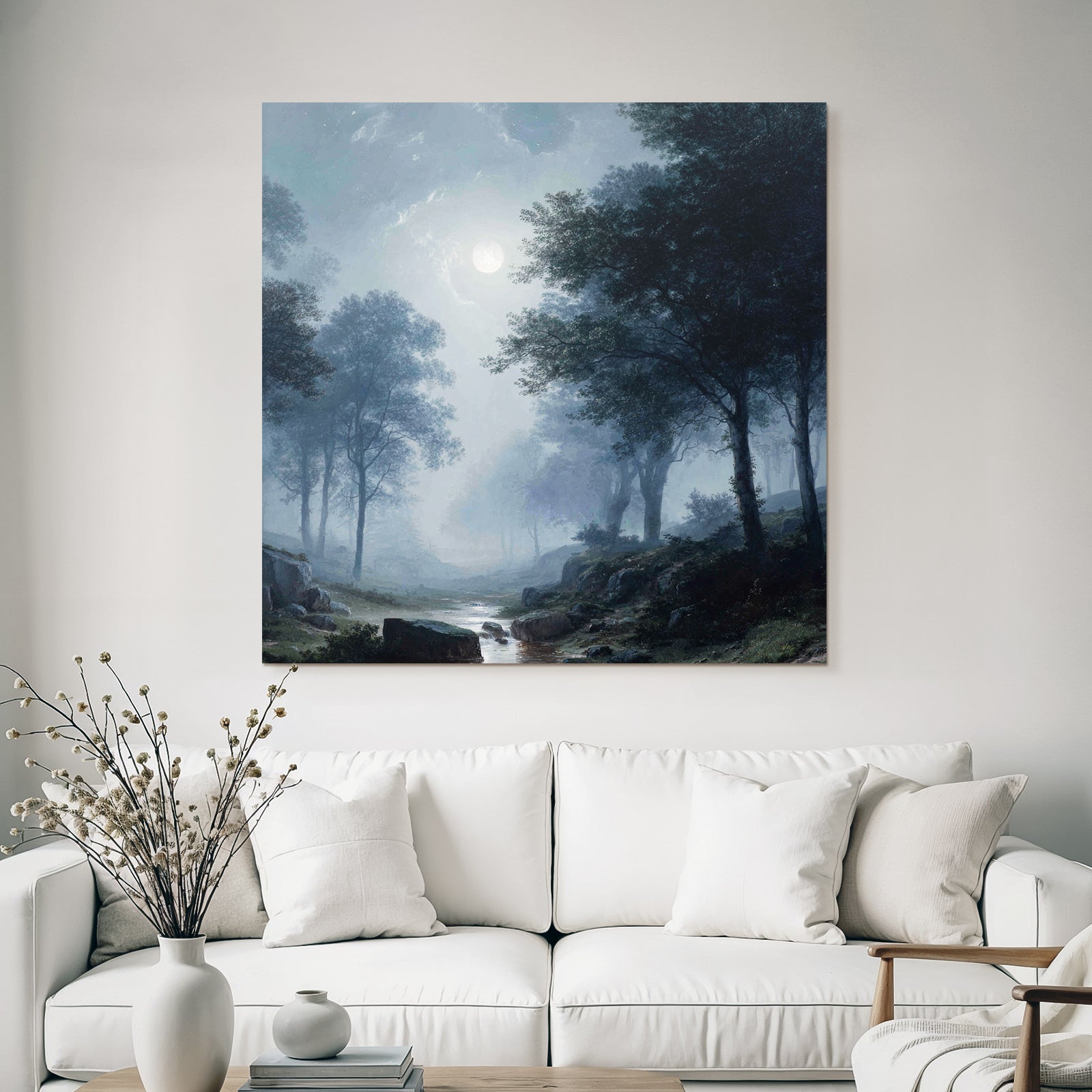 Friedliche Nachtlandschaft Mit Vollmond Und Nebelwald