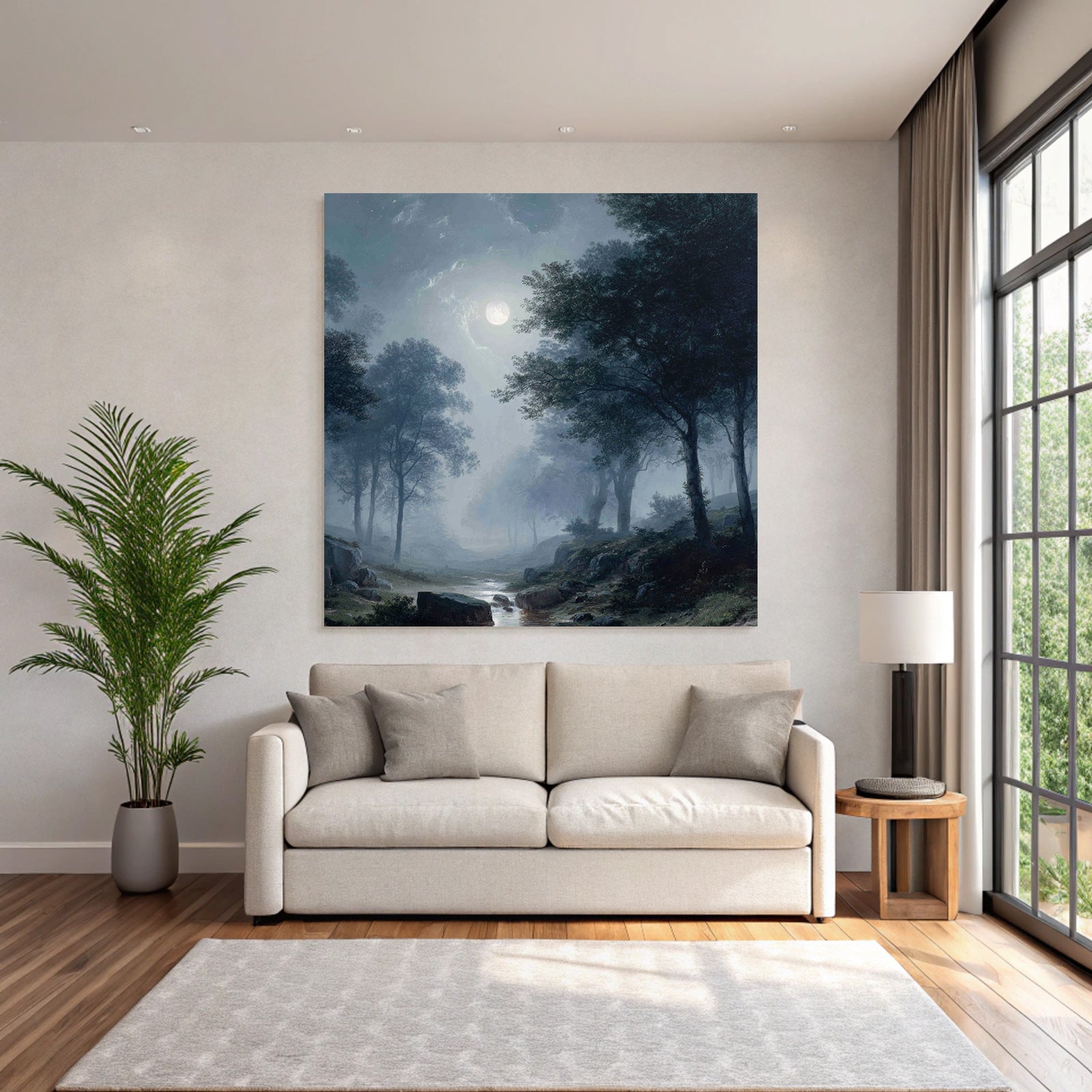 Friedliche Nachtlandschaft Mit Vollmond Und Nebelwald