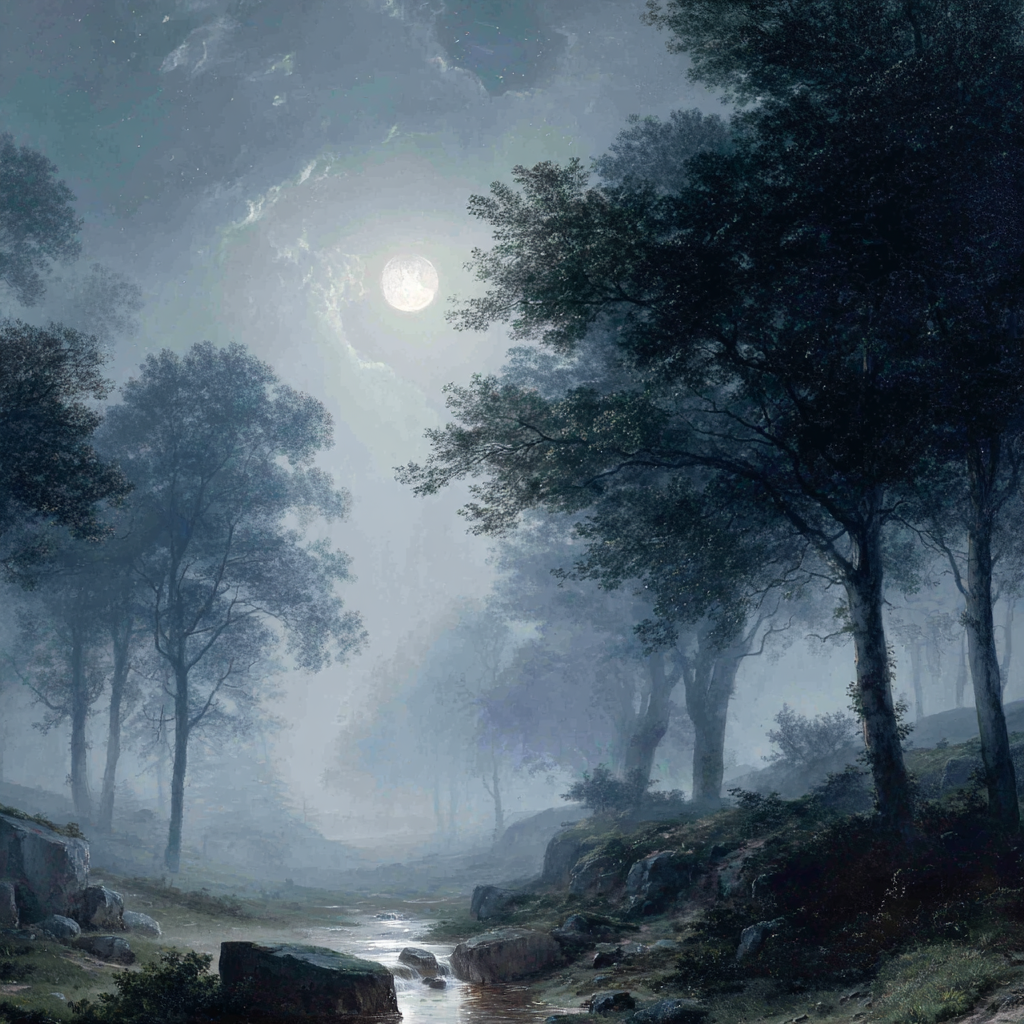 Friedliche Nachtlandschaft Mit Vollmond Und Nebelwald | Psychedelische Kunst | Stilrichtungen