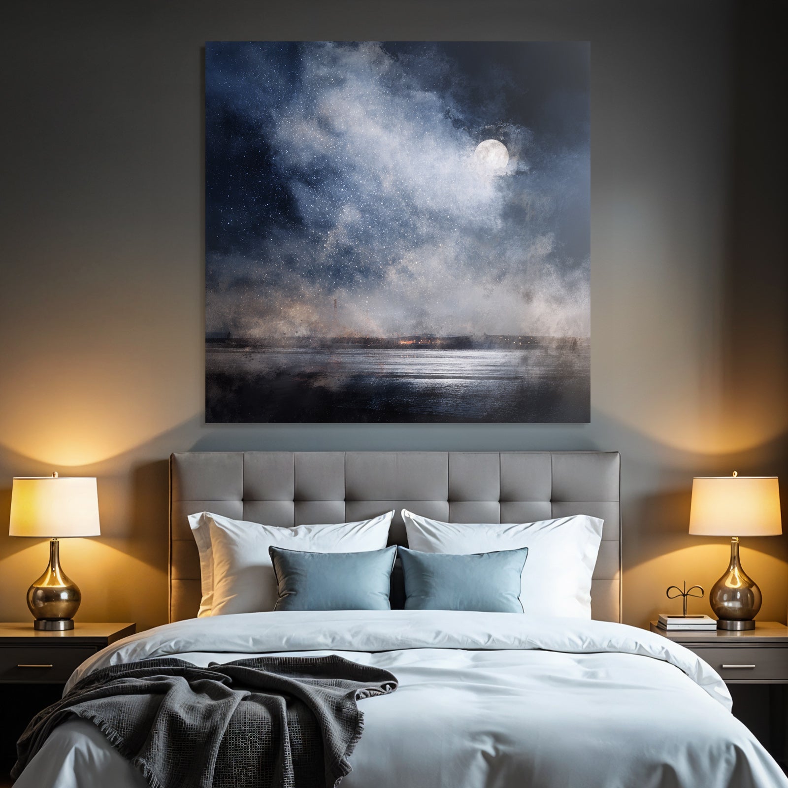 Friedliche Nachtlandschaft Mit Vollmond Wirbelnden Wolken Und Wasserspiegelung