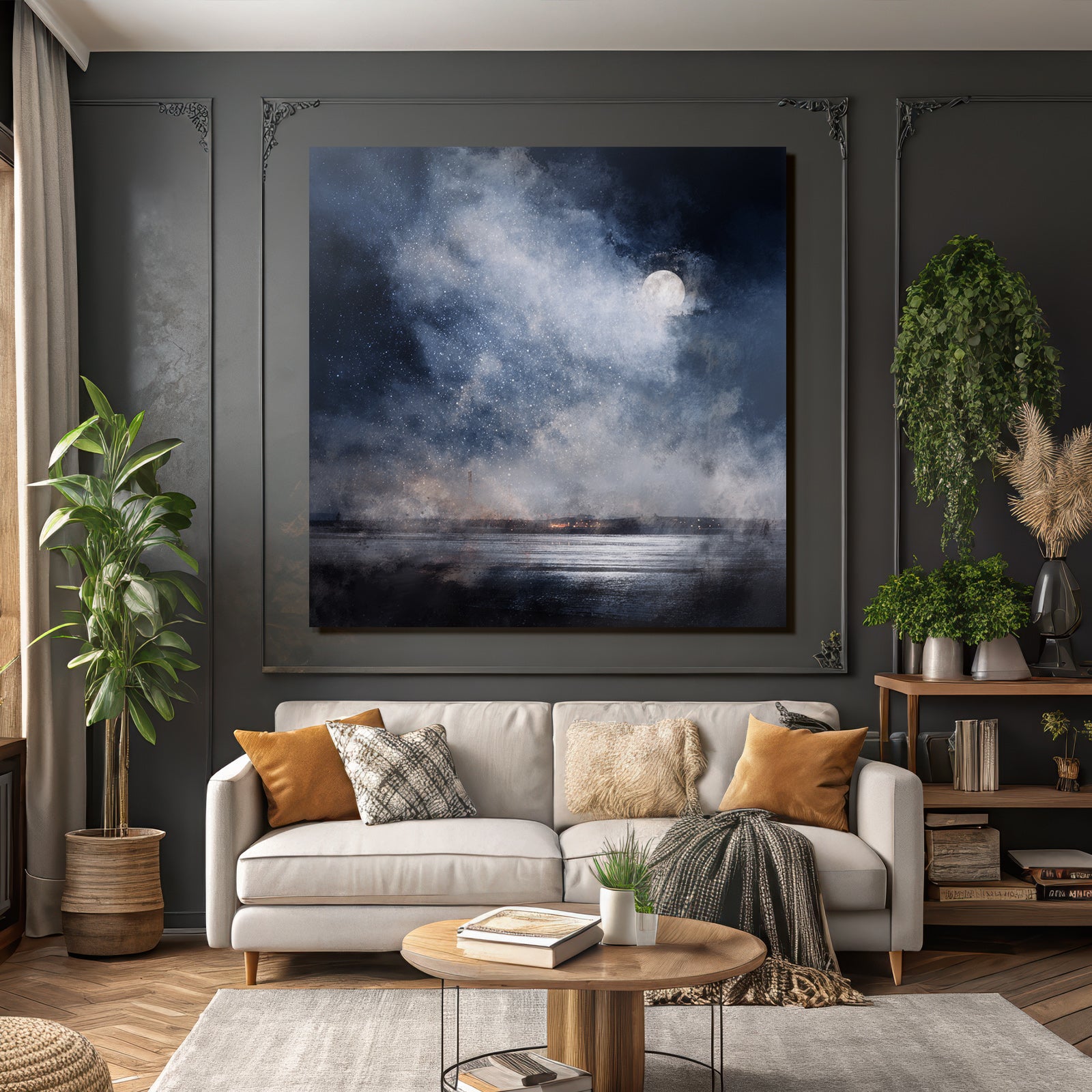 Friedliche Nachtlandschaft Mit Vollmond Wirbelnden Wolken Und Wasserspiegelung