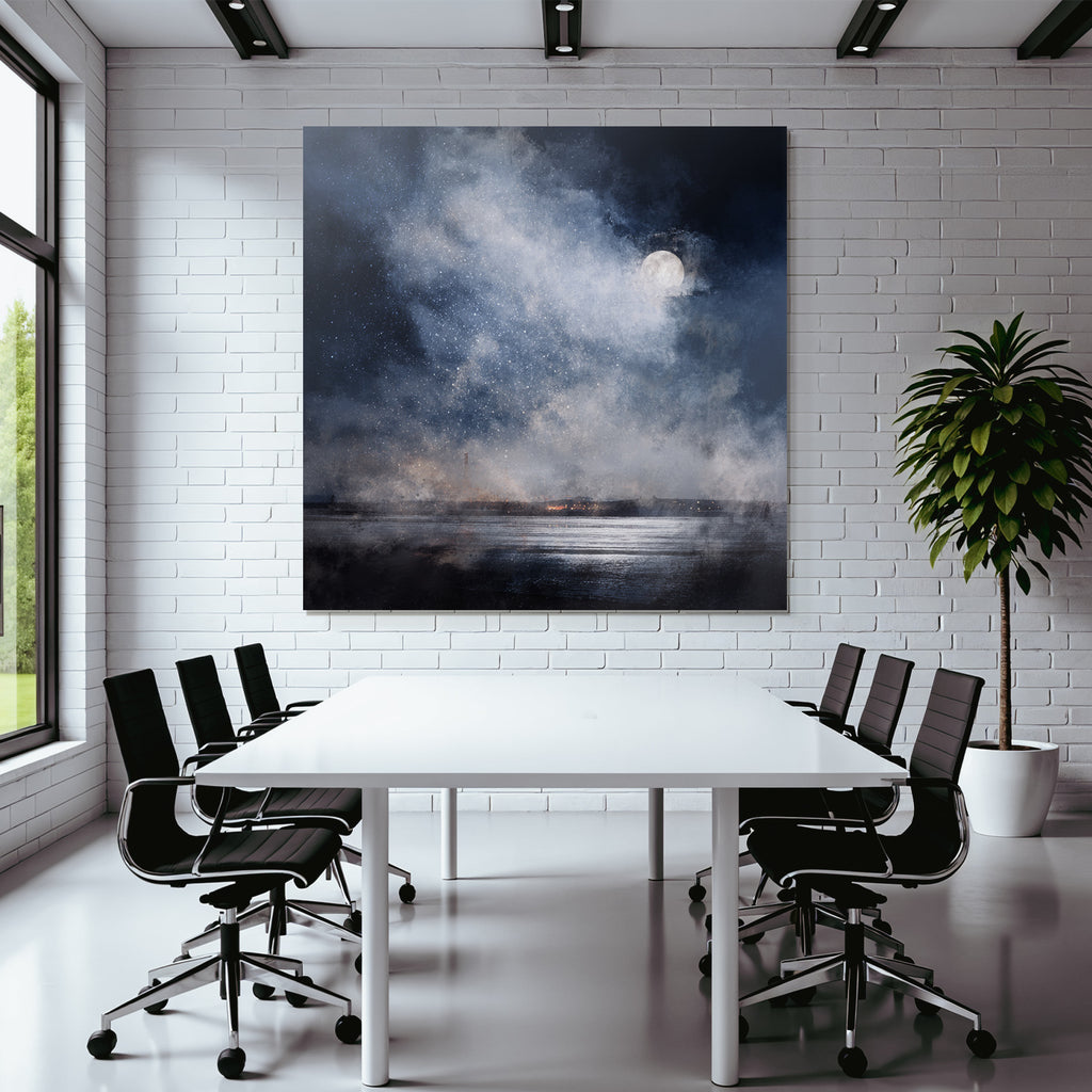 Friedliche Nachtlandschaft Mit Vollmond Wirbelnden Wolken Und Wasserspiegelung