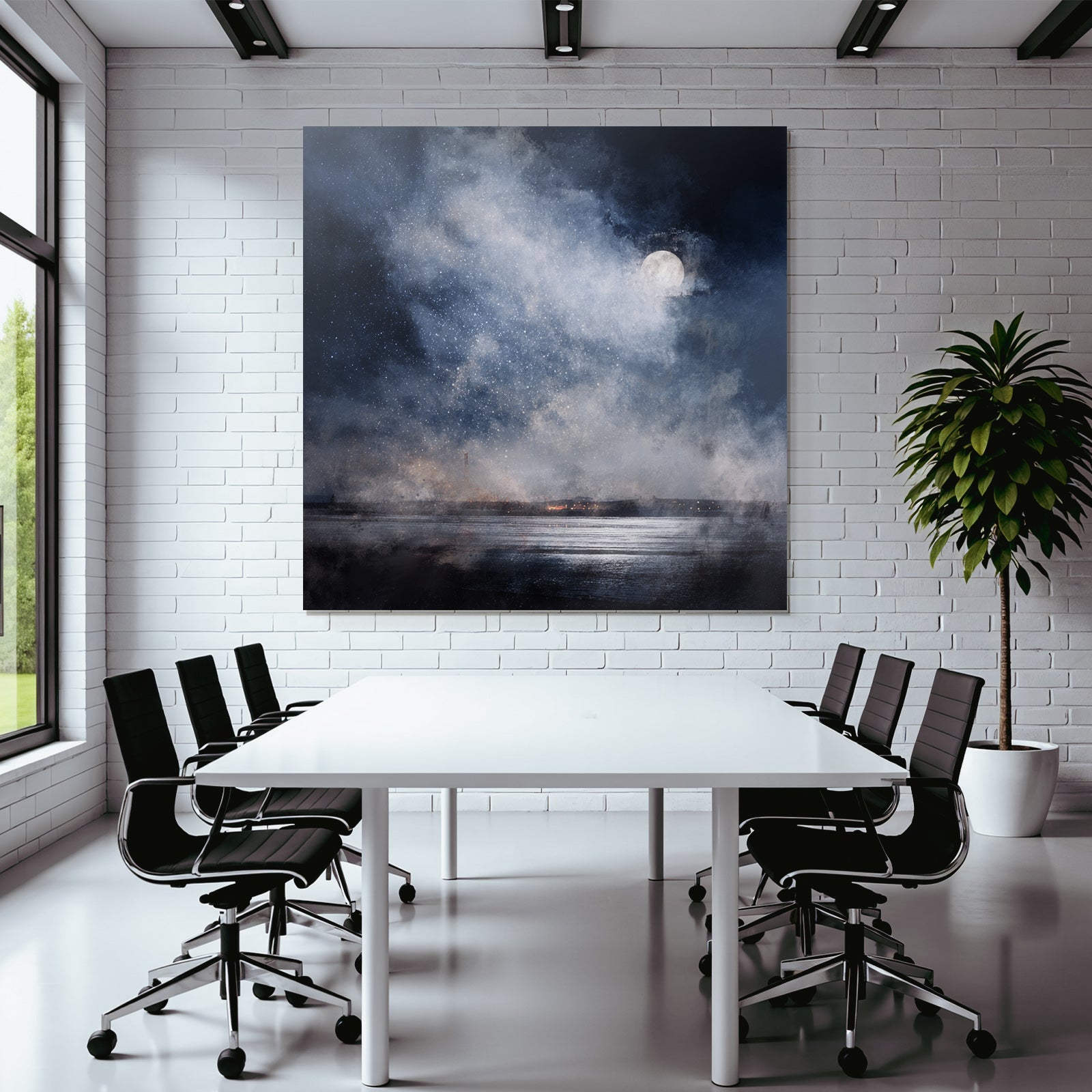 Friedliche Nachtlandschaft Mit Vollmond Wirbelnden Wolken Und Wasserspiegelung