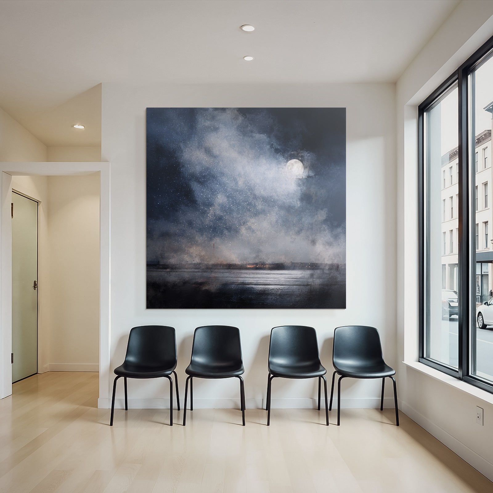 Friedliche Nachtlandschaft Mit Vollmond Wirbelnden Wolken Und Wasserspiegelung