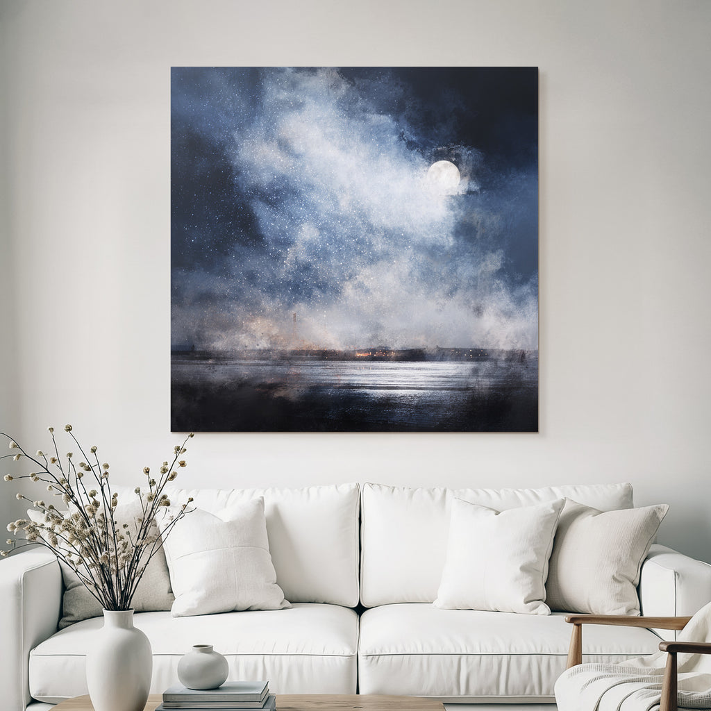 Friedliche Nachtlandschaft Mit Vollmond Wirbelnden Wolken Und Wasserspiegelung